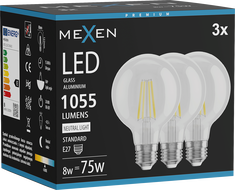 Mexen Vintis 3x LED žiarovka filament E27, G80, 8W, Neutrálna - 4000K, 1055 lm, číra - L155-E27-0840-00x03