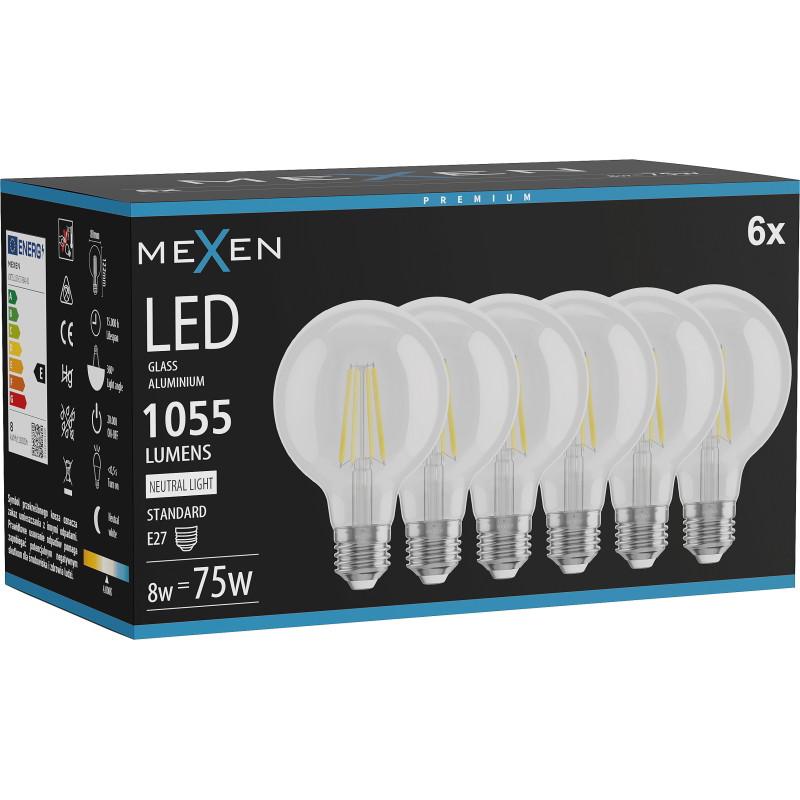 Mexen Vintis 6x Žiarovka filament LED E27, G80, 8W, Neutrálna - 4000K, 1055 lm, číra - L155-E27-0840-00x06