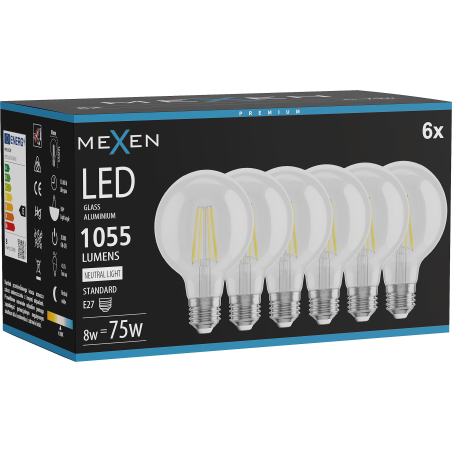Mexen Vintis 6x Žiarovka filament LED E27, G80, 8W, Neutrálna - 4000K, 1055 lm, číra - L155-E27-0840-00x06