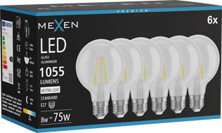 Mexen Vintis 6x Žiarovka filament LED E27, G80, 8W, Neutrálna - 4000K, 1055 lm, číra - L155-E27-0840-00x06