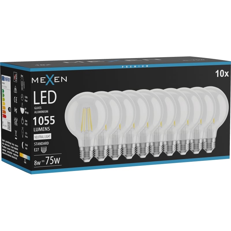 Mexen Vintis 10x žiarovka filament LED E27, G80, 8W, Neutrálna - 4000K, 1055 lm, číra - L155-E27-0840-00x10
