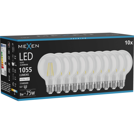 Mexen Vintis 10x žiarovka filament LED E27, G80, 8W, Neutrálna - 4000K, 1055 lm, číra - L155-E27-0840-00x10