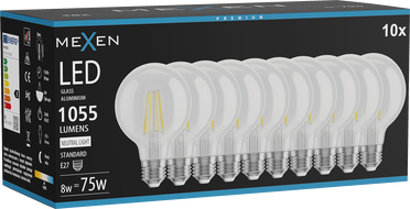 Mexen Vintis 10x žiarovka filament LED E27, G80, 8W, Neutrálna - 4000K, 1055 lm, číra - L155-E27-0840-00x10