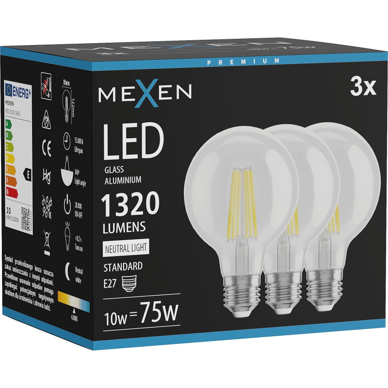 Mexen Vintis 3x Žiarovka filament LED E27, G80, 10W, Neutrálna - 4000K, 1320 lm, číra - L155-E27-1040-00x03