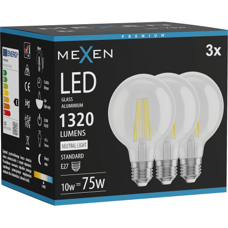 Mexen Vintis 3x Žiarovka filament LED E27, G80, 10W, Neutrálna - 4000K, 1320 lm, číra - L155-E27-1040-00x03