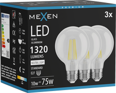 Mexen Vintis 3x Žiarovka filament LED E27, G80, 10W, Neutrálna - 4000K, 1320 lm, číra - L155-E27-1040-00x03
