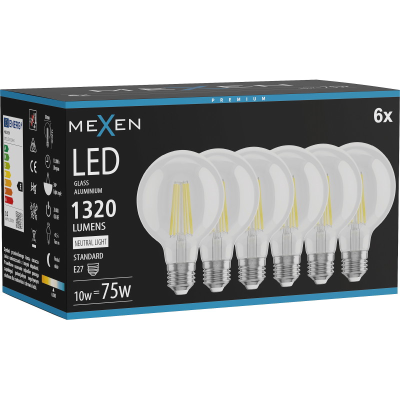 Mexen Vintis 6x Žiarovka filament LED E27, G80, 10W, Neutrálna - 4000K, 1320 lm, číra - L155-E27-1040-00x06