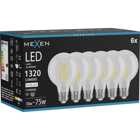 Mexen Vintis 6x Žiarovka filament LED E27, G80, 10W, Neutrálna - 4000K, 1320 lm, číra - L155-E27-1040-00x06