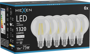 Mexen Vintis 6x Žiarovka filament LED E27, G80, 10W, Neutrálna - 4000K, 1320 lm, číra - L155-E27-1040-00x06