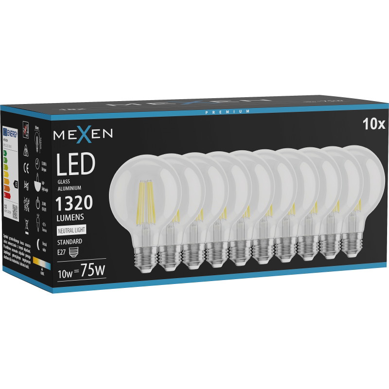 Mexen Vintis 10x Žiarovka filament LED E27, G80, 10W, Neutrálna - 4000K, 1320 lm, číra - L155-E27-1040-00x10