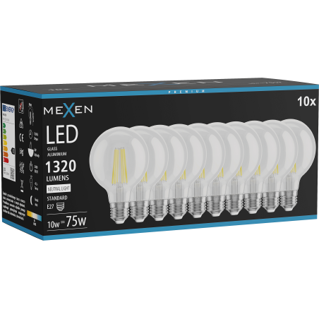 Mexen Vintis 10x Žiarovka filament LED E27, G80, 10W, Neutrálna - 4000K, 1320 lm, číra - L155-E27-1040-00x10