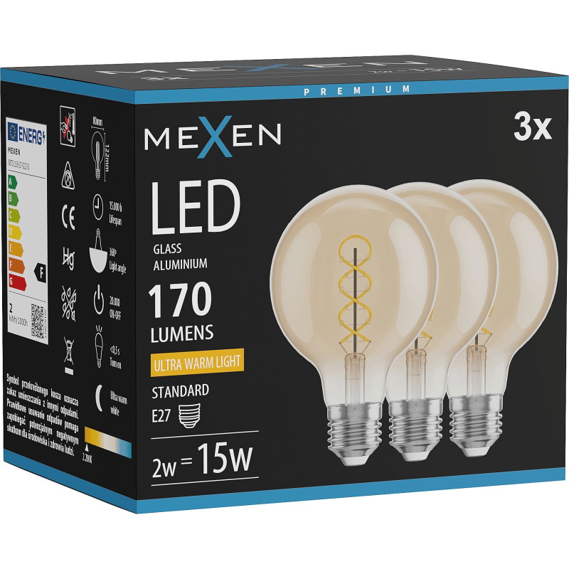 Mexen Vintis 3x LED filamentová žiarovka špirálová E27, G80, 2W, Teplá - 2200K, 170 lm, jantárová - L165-E27-0222-50x03