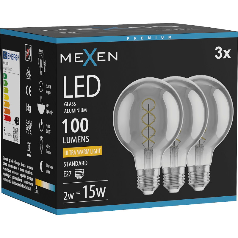 Mexen Vintis 3x Žiarovka filament špirála LED E27, G80, 2W, Teplá - 2200K, 100 lm, dymová - L165-E27-0222-70x03