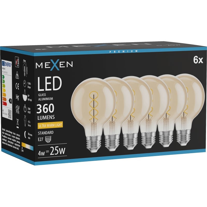 Mexen Vintis 6x LED filamentová žiarovka so špirálou E27, G80, 4W, Teplá - 2200K, 360 lm, jantárová - L165-E27-0422-50x06