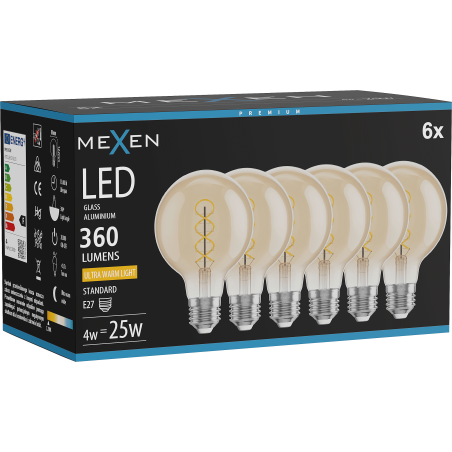 Mexen Vintis 6x LED filamentová žiarovka so špirálou E27, G80, 4W, Teplá - 2200K, 360 lm, jantárová - L165-E27-0422-50x06