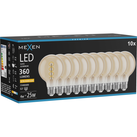 Mexen Vintis 10x Žiarovka filament špirála LED E27, G80, 4W, Teplá - 2200K, 360 lm, jantárová - L165-E27-0422-50x10