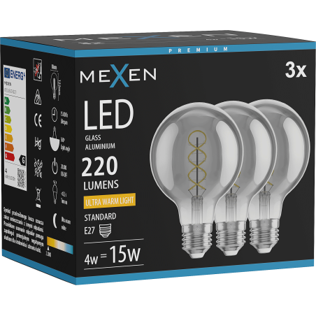 Mexen Vintis 3x Žiarovka filament špirála LED E27, G80, 4W, Teplá - 2200K, 220 lm, dymová - L165-E27-0422-70x03