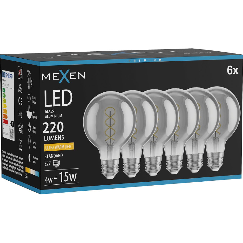 Mexen Vintis 6x Žiarovka filament špirála LED E27, G80, 4W, Teplá - 2200K, 220 lm, smoke - L165-E27-0422-70x06