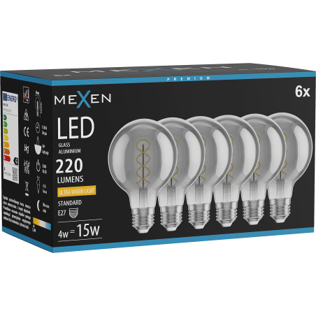 Mexen Vintis 6x Žiarovka filament špirála LED E27, G80, 4W, Teplá - 2200K, 220 lm, smoke - L165-E27-0422-70x06
