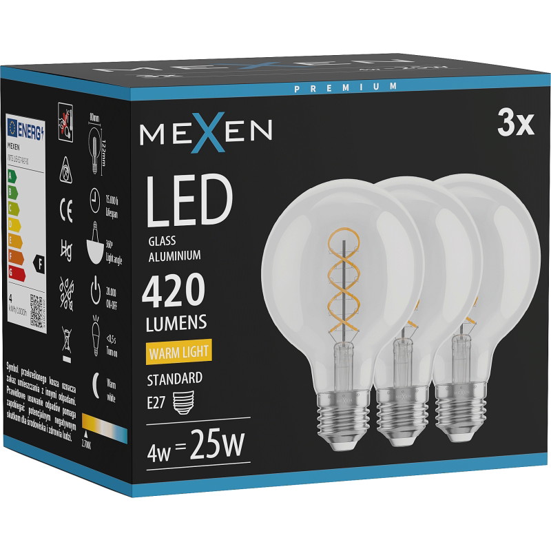 Mexen Vintis 3x LED žiarovka s vláknom špirála E27, G80, 4W, Teplá - 2700K, 420 lm, číra - L165-E27-0427-00x03