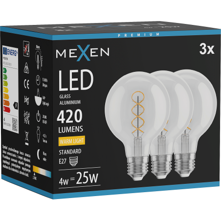 Mexen Vintis 3x LED žiarovka s vláknom špirála E27, G80, 4W, Teplá - 2700K, 420 lm, číra - L165-E27-0427-00x03