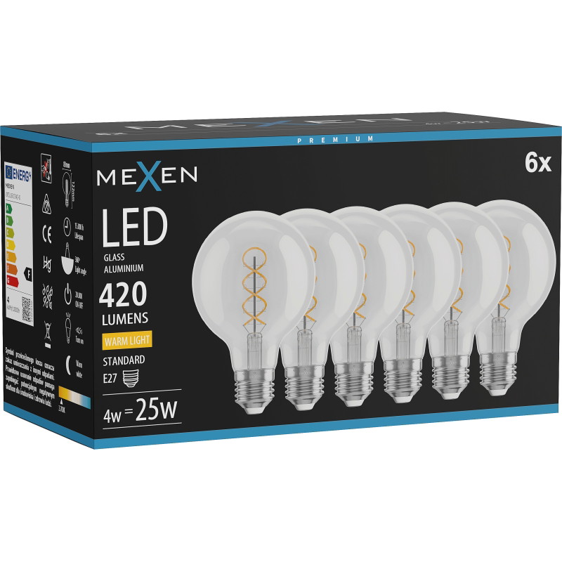 Mexen Vintis 6x LED žiarovka dekoratívna špirála E27, G80, 4W, Teplá - 2700K, 420 lm, clear - L165-E27-0427-00x06