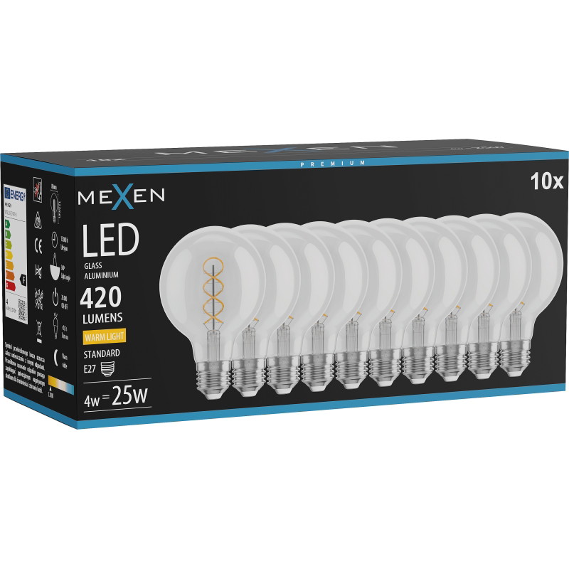 Mexen Vintis 10x žiarovka filament špirála LED E27, G80, 4W, Teplá - 2700K, 420 lm, číry - L165-E27-0427-00x10