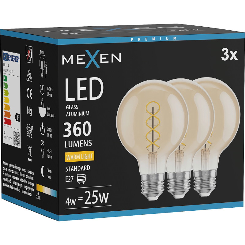 Mexen Vintis 3x LED žiarovka filament špirála E27, G80, 4W, Teplá - 2700K, 360 lm, jantárová - L165-E27-0427-50x03