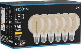 Mexen Vintis 6x LED žiarovka filament špirála E27, G80, 4W, Teplá - 2700K, 360 lm, jantárová - L165-E27-0427-50x06