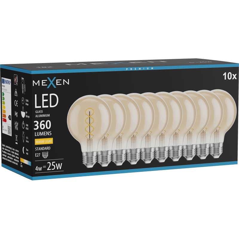 Mexen Vintis 10x žiarovka filament špirála LED E27, G80, 4W, Teplá - 2700K, 360 lm, jantár - L165-E27-0427-50x10