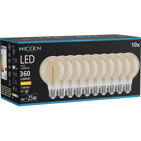 Mexen Vintis 10x žiarovka filament špirála LED E27, G80, 4W, Teplá - 2700K, 360 lm, jantár - L165-E27-0427-50x10