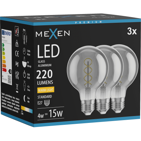 Mexen Vintis 3x žiarovka so špirálou LED E27, G80, 4W, Teplá - 2700K, 220 lm, dymová - L165-E27-0427-70x03