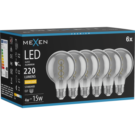 Mexen Vintis 6x Žiarovka filament špirála LED E27, G80, 4W, Teplá - 2700K, 220 lm, smoke - L165-E27-0427-70x06