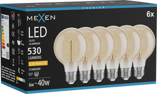 Mexen Vintis 6x Žiarovka filament špirála LED E27, G80, 6W, Teplá - 2200K, 530 lm, amber - L165-E27-0622-50x06