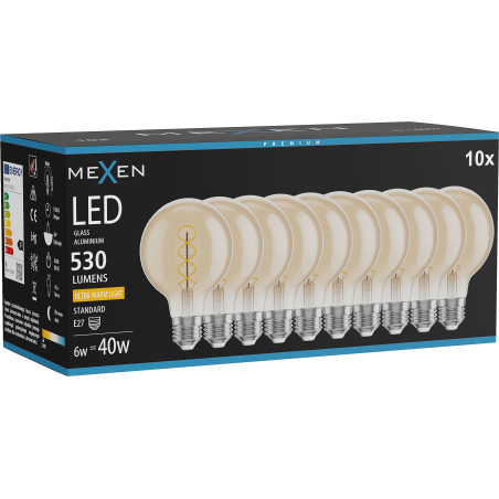 Mexen Vintis 10x žiarovka filament špirála LED E27, G80, 6W, Teplá - 2200K, 530 lm, jantárová - L165-E27-0622-50x10