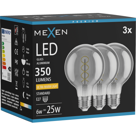 Mexen Vintis 3x Žiarovka filament špirála LED E27, G80, 6W, Teplá - 2200K, 350 lm, dymová - L165-E27-0622-70x03