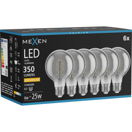 Mexen Vintis 6x Žiarovka filament špirála LED E27, G80, 6W, Teplá - 2200K, 350 lm, dymová - L165-E27-0622-70x06