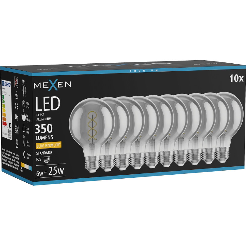 Mexen Vintis 10x Žiarovka filament špirála LED E27, G80, 6W, Teplá - 2200K, 350 lm, dymová - L165-E27-0622-70x10