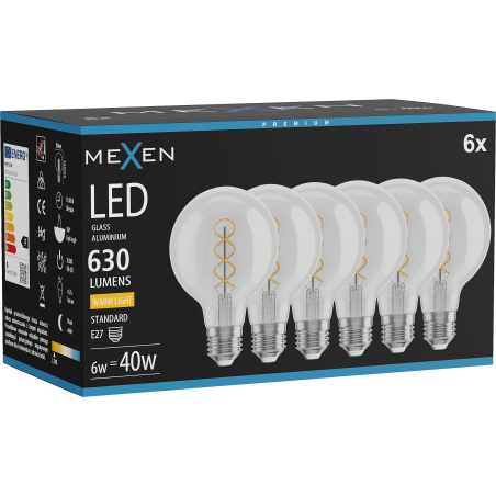 Mexen Vintis 6x Žiarovka filament špirála LED E27, G80, 6W, Teplá - 2700K, 630 lm, číra - L165-E27-0627-00x06