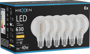 Mexen Vintis 6x Žiarovka filament špirála LED E27, G80, 6W, Teplá - 2700K, 630 lm, číra - L165-E27-0627-00x06