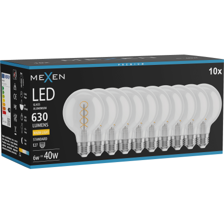 Mexen Vintis 10x Žiarovka filament špirála LED E27, G80, 6W, Teplá - 2700K, 630 lm, číra - L165-E27-0627-00x10