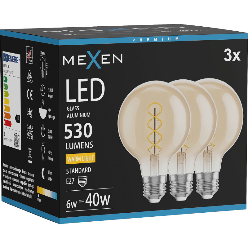 Mexen Vintis 3x Žiarovka filament špirála LED E27, G80, 6W, Teplá - 2700K, 530 lm, amber - L165-E27-0627-50x03