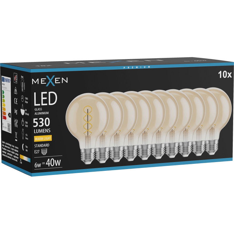 Mexen Vintis 10x Žiarovka filament špirála LED E27, G80, 6W, Teplá - 2700K, 530 lm, jantárová - L165-E27-0627-50x10