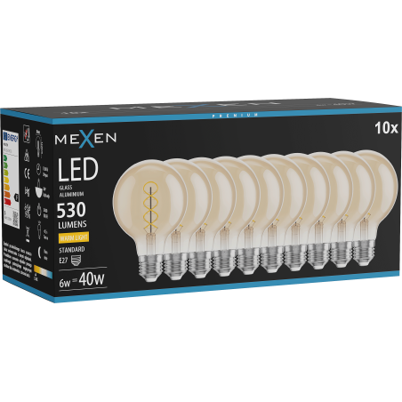 Mexen Vintis 10x Žiarovka filament špirála LED E27, G80, 6W, Teplá - 2700K, 530 lm, jantárová - L165-E27-0627-50x10