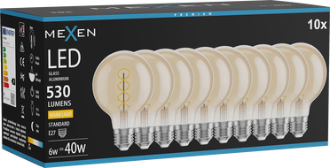 Mexen Vintis 10x Žiarovka filament špirála LED E27, G80, 6W, Teplá - 2700K, 530 lm, jantárová - L165-E27-0627-50x10