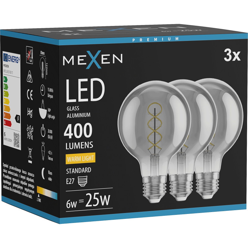 Mexen Vintis 3x LED filament žiarovka špirála E27, G80, 6W, Teplá - 2700K, 400 lm, dymová - L165-E27-0627-70x03