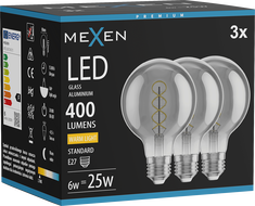 Mexen Vintis 3x LED filament žiarovka špirála E27, G80, 6W, Teplá - 2700K, 400 lm, dymová - L165-E27-0627-70x03