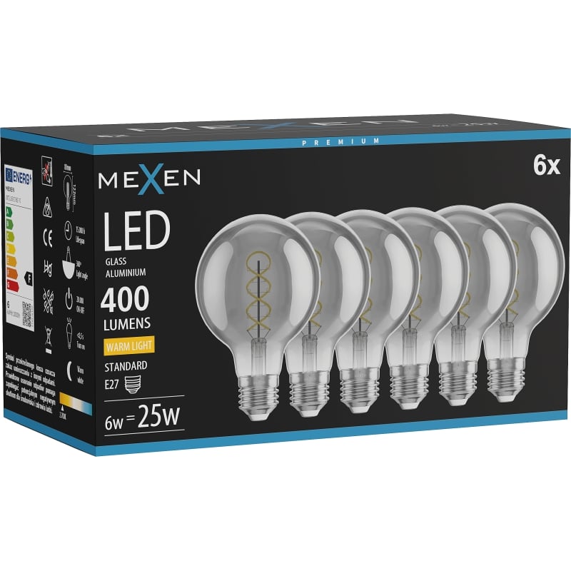 Mexen Vintis 6x Žiarovka filament špirála LED E27, G80, 6W, Teplá - 2700K, 400 lm, dymová - L165-E27-0627-70x06