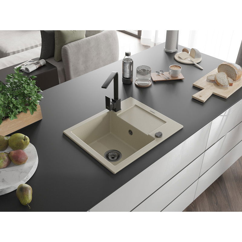 Mexen Enzo žulový kuchynský drez s 1 komorou, odkvapkávacou plochou a kuchynskou batériou Rita, béžový - 6506-69-670300-70