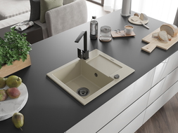 Mexen Enzo žulový kuchynský drez s 1 komorou, odkvapkávacou plochou a kuchynskou batériou Rita, béžový - 6506-69-670300-70